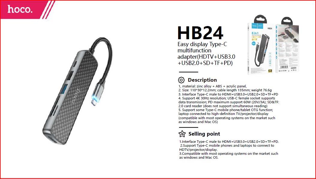 محول عرض سهل متعدد الوظائف من النوع C (تلفزيون عالي الوضوح + USB 3.0 + USB 2.0 + SD + TF + PD)